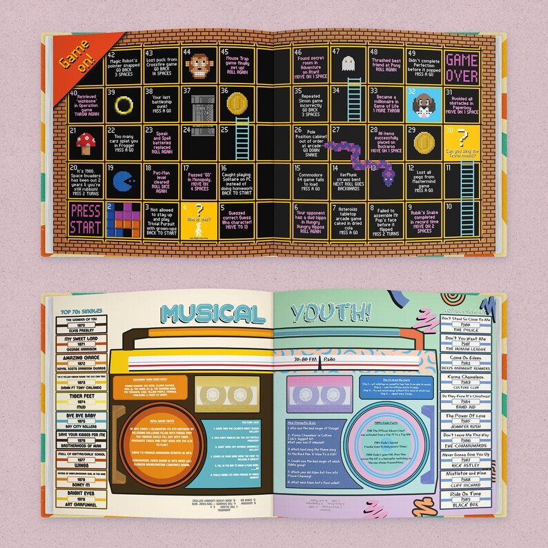 May include: A book spread featuring a retro video game board game and a music-themed layout. The top section displays a board game with a brick wall design, numbered spaces, and the text "Game on!" and "Game Over."
