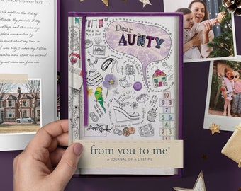 May include: A purple journal with a white cover featuring a hand-drawn illustration of a speech bubble with the text "Dear Aunty" and other doodles. The journal has a white label on the front that reads "from you to me" and "A Journal of a Lifetime".