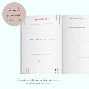 May include: Open journal with the title "Finding Out" and prompts to record memories of pregnancy. The journal has lined pages with headings like "Why I thought I was pregnant" and "How I found out I was pregnant." Decorative elements include small stars and floral illustrations.