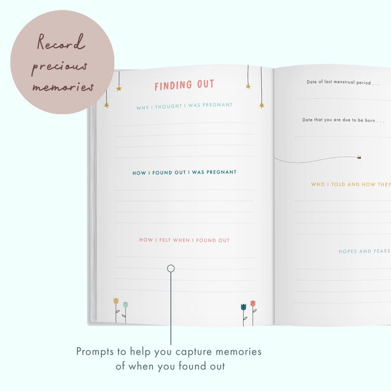 May include: Open journal with the title "Finding Out" and prompts to record memories of pregnancy. The journal has lined pages with headings like "Why I thought I was pregnant" and "How I found out I was pregnant." Decorative elements include small stars and floral illustrations.
