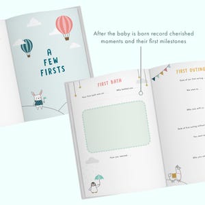 May include: A baby memory book with a light blue cover featuring hot air balloons and the text "A Few Firsts." Inside pages include prompts for recording milestones like the first bath and outing. The book has illustrations of a bunny, penguin, and llama.