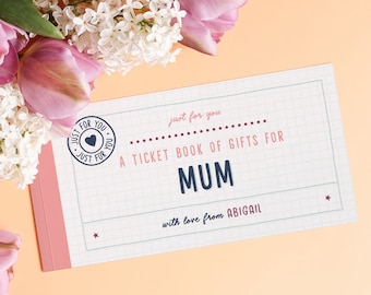 Custom Ticket Book of Gifts For Her | 12 ticket style gifts | Birthday Gift | Mother's Day Gift Personalised Coupon Book White, Purple, Blue