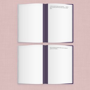 May include: Two open pages of a blank journal with a purple spine. The left page has the text "I'd like to know about your parents... names, dates of birth and tell me some stories about them..." The right page has the text "Tell me what you know about your mother's parents and family..."