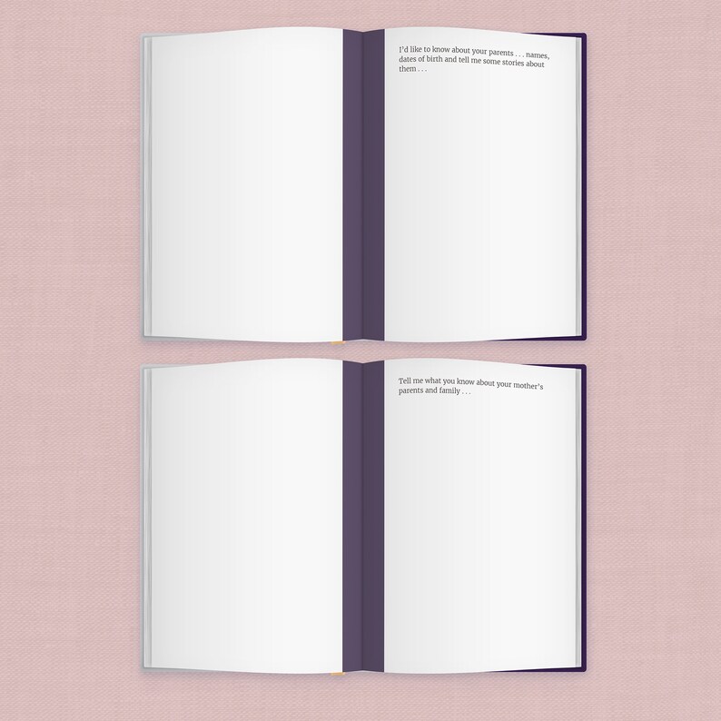 May include: Two open pages of a blank journal with a purple spine. The left page has the text "I'd like to know about your parents... names, dates of birth and tell me some stories about them..." The right page has the text "Tell me what you know about your mother's parents and family..."