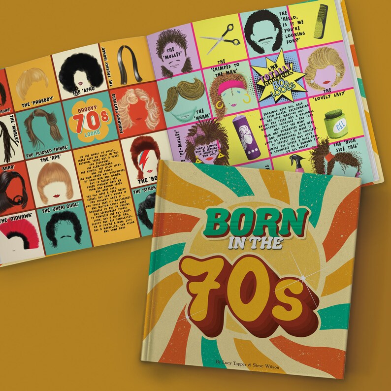 May include: A book titled "Born in the 70s" with a retro design, featuring a sunburst pattern and the decade's name in bold letters. The open pages showcase illustrations of various 70s hairstyles, including the Afro and the Mullet.