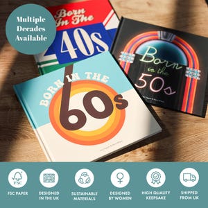 May include: A selection of hardcover books with vintage designs. The books display the phrases "Born in the 40s", "Born in the 50s", and "Born in the 60s" in vibrant fonts. The books are on a wooden surface.