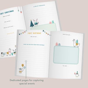 May include: Open journal with dedicated pages for capturing special events. The pages feature illustrations of animals, gifts, and festive decorations. Text includes "First Christmas" and "First Birthday" with prompts for memories.