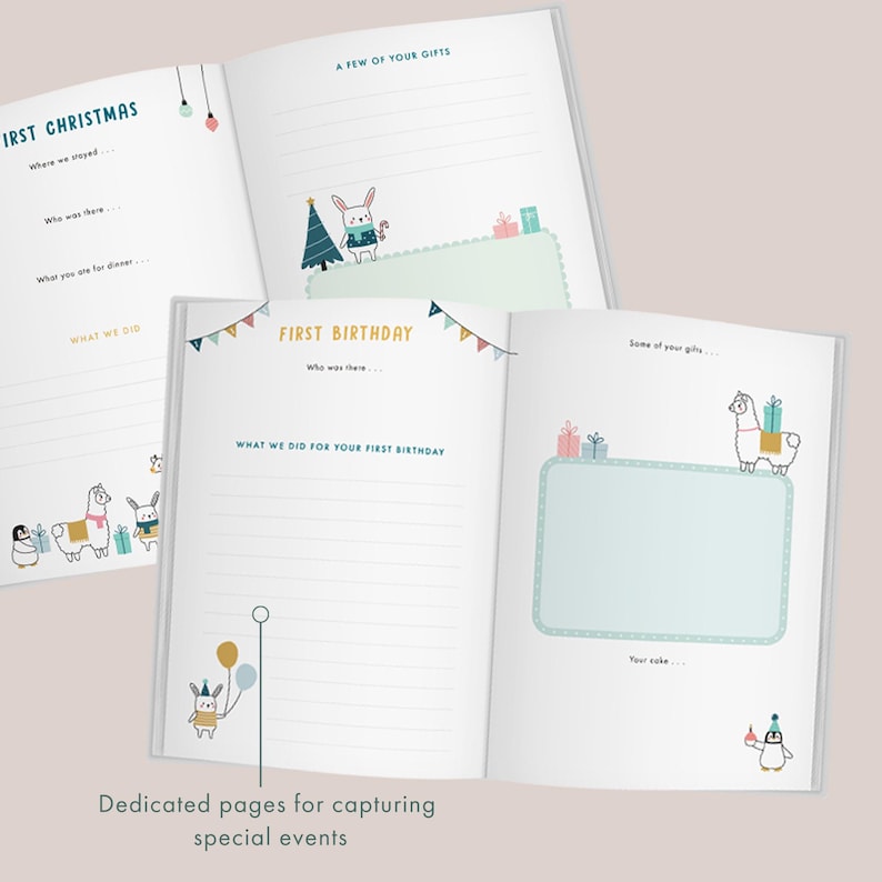 May include: Open journal with dedicated pages for capturing special events. The pages feature illustrations of animals, gifts, and festive decorations. Text includes "First Christmas" and "First Birthday" with prompts for memories.