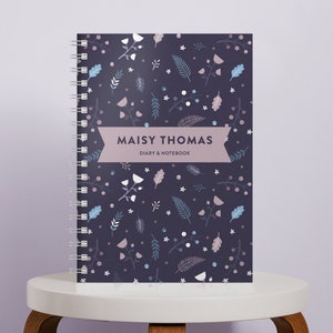 Personalised 2026 Diary | Name | Leaf Design Purple, White, Green, Uni Notebook & Diary | Any Date | Lined Paper | Birthday Gift For Her
