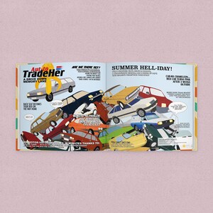 May include: An open book with the title "Aut-to TradeHer" and the text "A Drive Down Memory Lane." The page features illustrations of various cars in different colours, with additional text bubbles and captions.