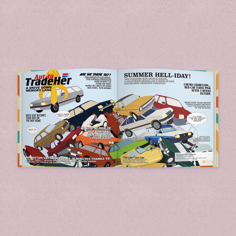 May include: An open book with the title "Aut-to TradeHer" and the text "A Drive Down Memory Lane." The page features illustrations of various cars in different colours, with additional text bubbles and captions.