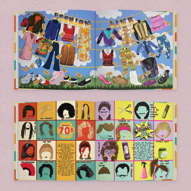 May include: An open book illustration with a fashion theme. One page shows clothes hanging on a washing line, including a dress, jacket, and trousers. The other page features various hairstyles with text like "The Afro" and "The Bowie."