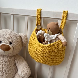 cotton hanging bag kids room, stuffed toys storage, kids organizer, home decor, hanging storage, nursery wall bag, yellow basket