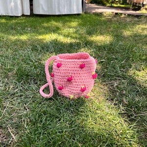 knitted small bag with strawberry pattern, bag accessory strawberry, decor, storage, strawberry gift for girl