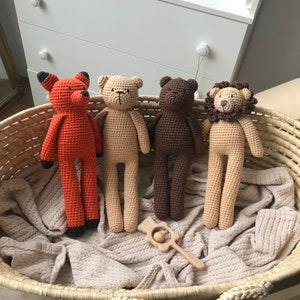 amigurumi crochet forest animals, knitted fox, lion, bear, cotton animal toys, teddy bear,toys for babies, sleepy eyes, forest nursery decor