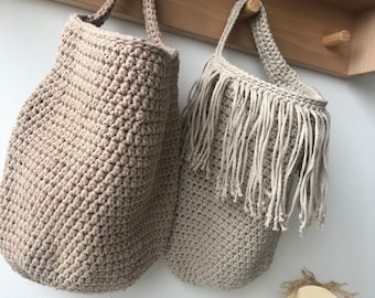 Wall mounted storage basket, Crocheted hanging basket, cotton basket children's decor, bathroom storage basket natural colors, hanging bag