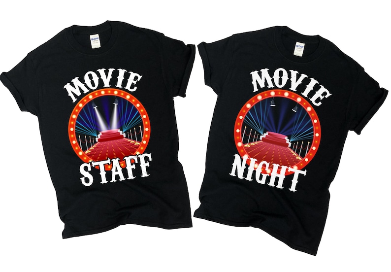 May include: Two black t-shirts with a red, white and blue movie night theme. One shirt says "Movie Staff" and the other says "Movie Night".