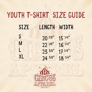May include: Youth t-shirt size chart with measurements in inches. The chart shows sizes S, M, L, and XL with corresponding length and width measurements.
