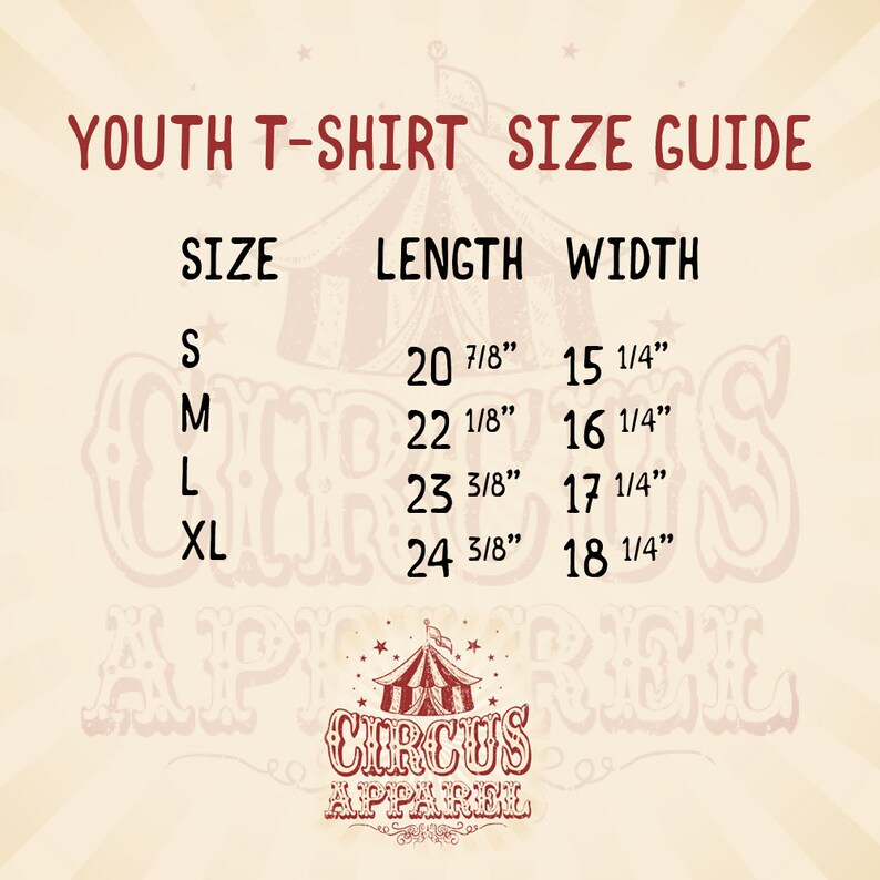 May include: Youth t-shirt size chart with measurements in inches. The chart shows sizes S, M, L, and XL with corresponding length and width measurements.