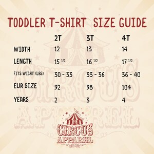 May include: Toddler T-shirt size guide with measurements for width, length, weight, European size, and age in years. The guide includes sizes 2T, 3T, and 4T.