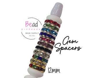 12mm Gem Spacer, Rondelle Spacers, Rhinestone Spacer Bead, Sparkly Crystal Round Beads, Spacers for Pens, 10 Pack, Multi-Colored Bead, Loose