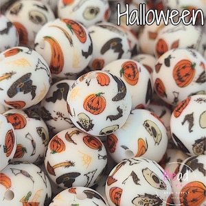 Halloween Beads, Pumpkin Beads, White Beads, Spooky Bead, 15mm Round Printed Bead, Bulk Bead, DIY Craft Beads for Pens, Lanyard Beads