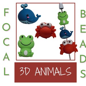 May include: A set of colorful 3D animal beads, including a blue whale, a green frog, a red crab, and a blue fish. The beads are strung on a white string and labeled "Focal Beads".