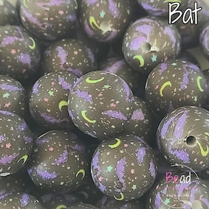Halloween Beads, Black Beads, Spooky Bead, 15mm Round Printed Bead, Bulk Bead, DIY Craft Beads for Pens, Bat Beads, Loose Keychain Bead