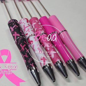 Pink Ribbon Pen Bundle Pack, Printed Beaded Pen Blanks, Crafting Pens, Pens in Bulk, Breast Cancer Awareness Pens, Beadable Pens, 5 Pack
