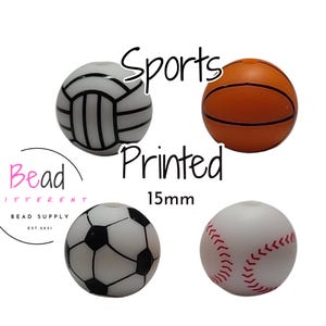 Printed Silicone Round Beads, Baseball Beads, Basketball Bead, Sport Bulk Beads for DIY Beaded Pens, Keychain Beads, 15mm Loose Print Beads