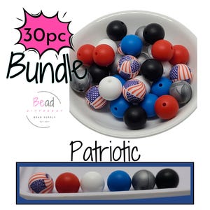 Mixed Bundle Beads, Patriotic Focal Beads, Solid Silicone Round Beads, Gem Spacers, 15mm Bulk Crafting Beads for Beaded Pens, 30-Pack