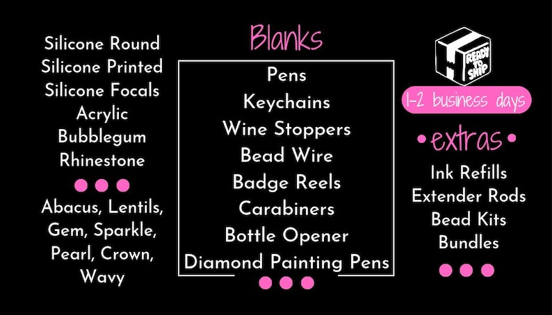 Puede incluir: Gr&aacute;fico negro con una lista de art&iacute;culos en blanco para manualidades, incluyendo bol&iacute;grafos, llaveros y tapones de vino. Tambi&eacute;n se enumeran extras como recambios de tinta y kits de cuentas. El texto tambi&eacute;n menciona "Listo para enviar" y "1-2 d&iacute;as h&aacute;biles."