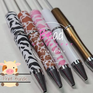 Cow Print Pen Bundle Pack, Printed Beaded Pen Blanks, Crafting Pens, Pens in Bulk, Black Ink Pens, Beadable Pens for Crafts, 5 Pack