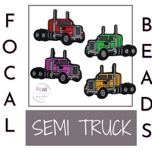 May include: Four colorful semi truck bead charms. The trucks are red, green, purple, and yellow. The charms are labeled "Bead Divas" and "Semi Truck".