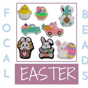 May include: Set of eight Easter-themed shoe charms featuring bunnies, a chick, a truck, a gnome, and a basket of eggs. The charms are colourful and have a 3D effect. The charms are labelled "Focal Beads Easter".