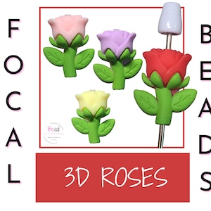 Peut inclure: Des perles roses 3D colorées en rose, violet, jaune et rouge, avec des tiges et des feuilles vertes. L'image comprend le texte "3D ROSES" dans un rectangle rouge et les mots "FOCAL BEADS" verticalement.