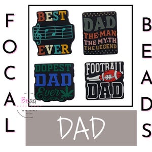 May include: Four colorful shoe charms with different designs and text. The charms feature the word "DAD" with different phrases like "Best Ever", "Dopest Dad Ever", "Dad The Man The Myth The Legend", and "Football Dad".