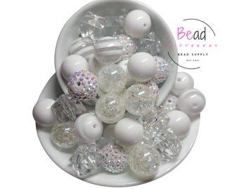 Perles de chewing-gum 20 mm, Perles mélangées blanches, grosses perles, perles acryliques, perles du pays des merveilles de l'hiver, strass pour stylos, perles pour cordon à faire soi-même