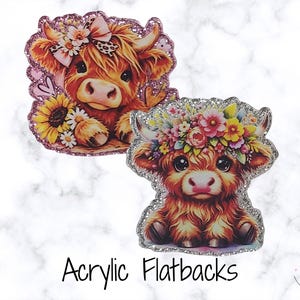 May include: Two acrylic flatbacks featuring illustrations of fluffy highland cows. The top cow has a pink bow and sunflowers, framed in pink glitter. The bottom cow wears a colorful floral crown, framed in silver glitter. Text reads Acrylic Flatbacks.