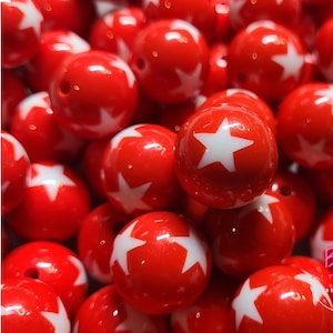 20mm Bubblegum Beads, Red Star Beads, Chunky Beads, Acrylic Beads, Patriotic Beads, Red White Blue Beads, Beads for Pens, DIY Crafting Beads