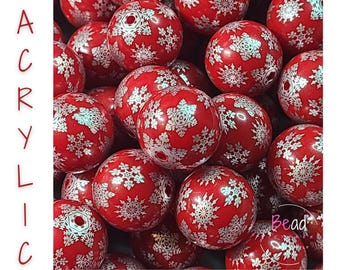 20mm Bubblegum Beads, Red Snowflake Beads, Chunky Bead, Acrylic Beads, Christmas Beads, DIY Craft Beads for Pens, Lanyard Bead, Bead Supply