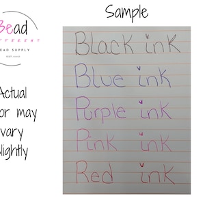 May include: A white sheet of lined paper displaying five handwritten lines of text in different colors: Black ink, Blue ink, Purple ink, Pink ink, and Red ink. The top of the page is labeled Sample, and the text Actual color may vary slightly is visible on the left side.