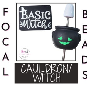 May include: Halloween-themed beads featuring a black cauldron with a green glowing face and a white ghost. A black rectangle with the words "Basic Witch" in white script is also shown. The word "Beads" is written vertically.