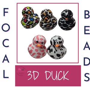 May include: Five 3D duck shaped beads in various animal print patterns. The beads are pink with white spots, black with white spots, white with black spots, brown with black spots, and yellow with black spots. The beads are labeled "3D Duck".