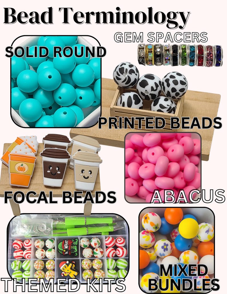 May include: A collage of different types of beads, including solid round beads, printed beads, focal beads, abacus beads, themed kits, and mixed bundles. The beads are made of various materials, including silicone, plastic, and wood.