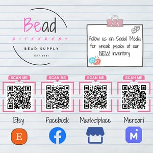 bead different mockup page with QR codes that allow for someone to scan to direct them to Etsy, Facebook, Marketplace and Mercari.