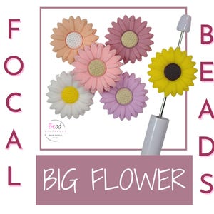 May include: A collection of colorful flower-shaped beads in various shades of pink, yellow, orange, and white. The beads have a detailed design with a central disc and petals. The image includes the text "BIG FLOWERS" and "BEADS".