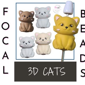 Może przedstawiać: Obraz przedstawia kilka figurek kotów 3D w kolorach brązowym, białym, szarym i żółtym. Koty siedzą i mają urocze twarze. Widoczny jest również tekst "3D CATS" i "BEADS".