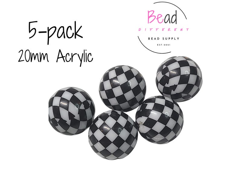 May include: Five 20mm acrylic beads with a black and white checkered pattern. The beads are spherical and are displayed against a white background. The text "5-pack 20mm Acrylic" is in the upper left corner.