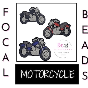 May include: Three motorcycle-shaped beads in black, red, and blue. The beads have gray accents and are set against a white background. The word "MOTORCYCLE" is displayed in white text on a black rectangle.